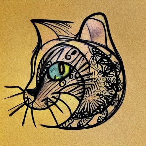 Image similar to tattoo sketch of a cat hugging the sun, on a yellow paper, byzantium ornament, line art