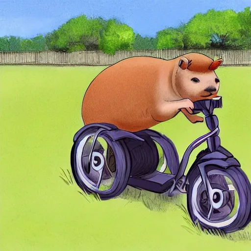 Image similar to capybara riding a tricycle, digital art