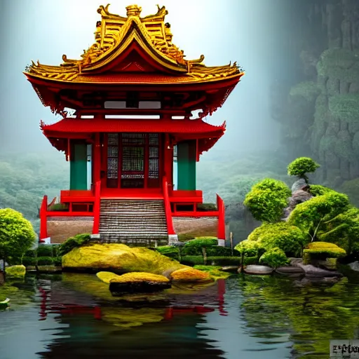 Prompt: an asian temple encased in a fish tank, trending on artstation, 4 k | 8 k, hyperrealistic, cinematic lighting, award - winning photography, satanic,