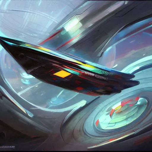 Image similar to futuristic spaceship jumping to warp, concept art oil painting by Jama Jurabaev, extremely detailed, brush hard, artstation, fantasy art