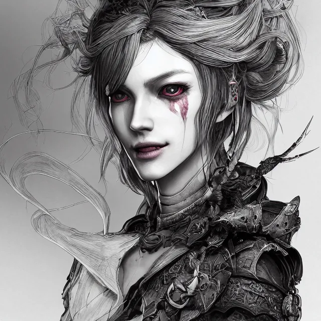 Image similar to the portrait of neutral evil fallen female dark knight vagabond as absurdly beautiful, gorgeous, elegant, sophisticated, woman, an ultrafine hyperdetailed illustration by kim jung gi, irakli nadar, intricate linework, bright colors, octopath traveler, final fantasy, unreal engine 5 highly rendered, global illumination, radiant light, detailed and intricate environment