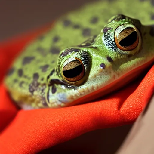 Image similar to a picture of a funny frog peeking out of a jacket pocket, 4K