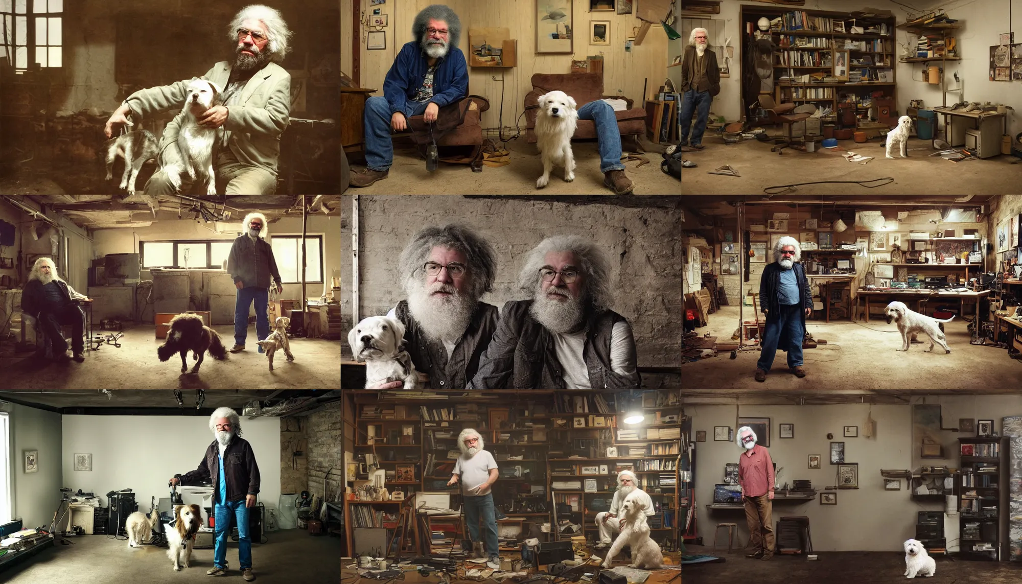 Prompt: a color photograph of one white man, alone, who looks sort of like Jerry Garcia and sort of like Frederick Douglass, with his hyperactive little dog, in his basement studio, trending on artstation, hyperrealism