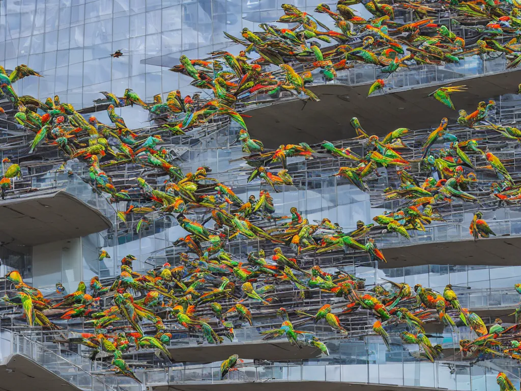 Image similar to a flock of parrots invading a shopping center