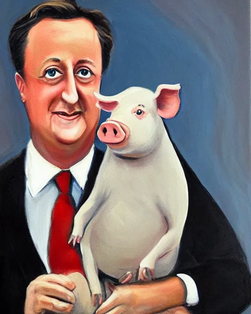 Image similar to a painting of uk politician former prime minister david cameron holding a pig in his arms, 4 k detail