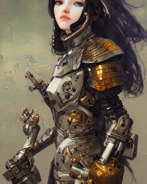 Prompt: portrait of cute beautiful young sister of battle in armor, cyberpunk, Warhammer, highly detailed, artstation, illustration, art by Gustav Klimt and Range Murata