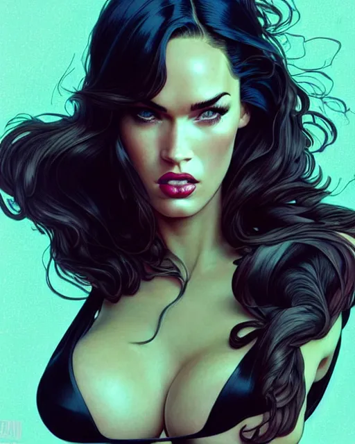 Image similar to low angle closeup beautiful very seductive megan fox retro scifi goddess pinup, action glamour pose, windblown dark hair, hyper detailed, digital art, studio lighting, smooth, ambient lighting, sharp focus, frank miller, wlop, anna dittmann, moebius!, alphonse mucha, patrick nagle!!, rim lighting, synthwave