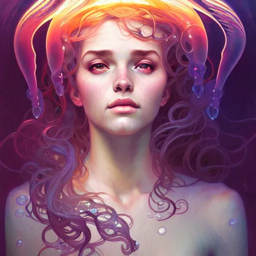 Image similar to Portrait of a girl underwater surrounded by jellyfish, face, fantasy, intricate, elegant, highly detailed, digital painting, artstation, concept art, smooth, sharp focus, illustration, art by Fernanda Suarez and Artem Demura and alphonse mucha