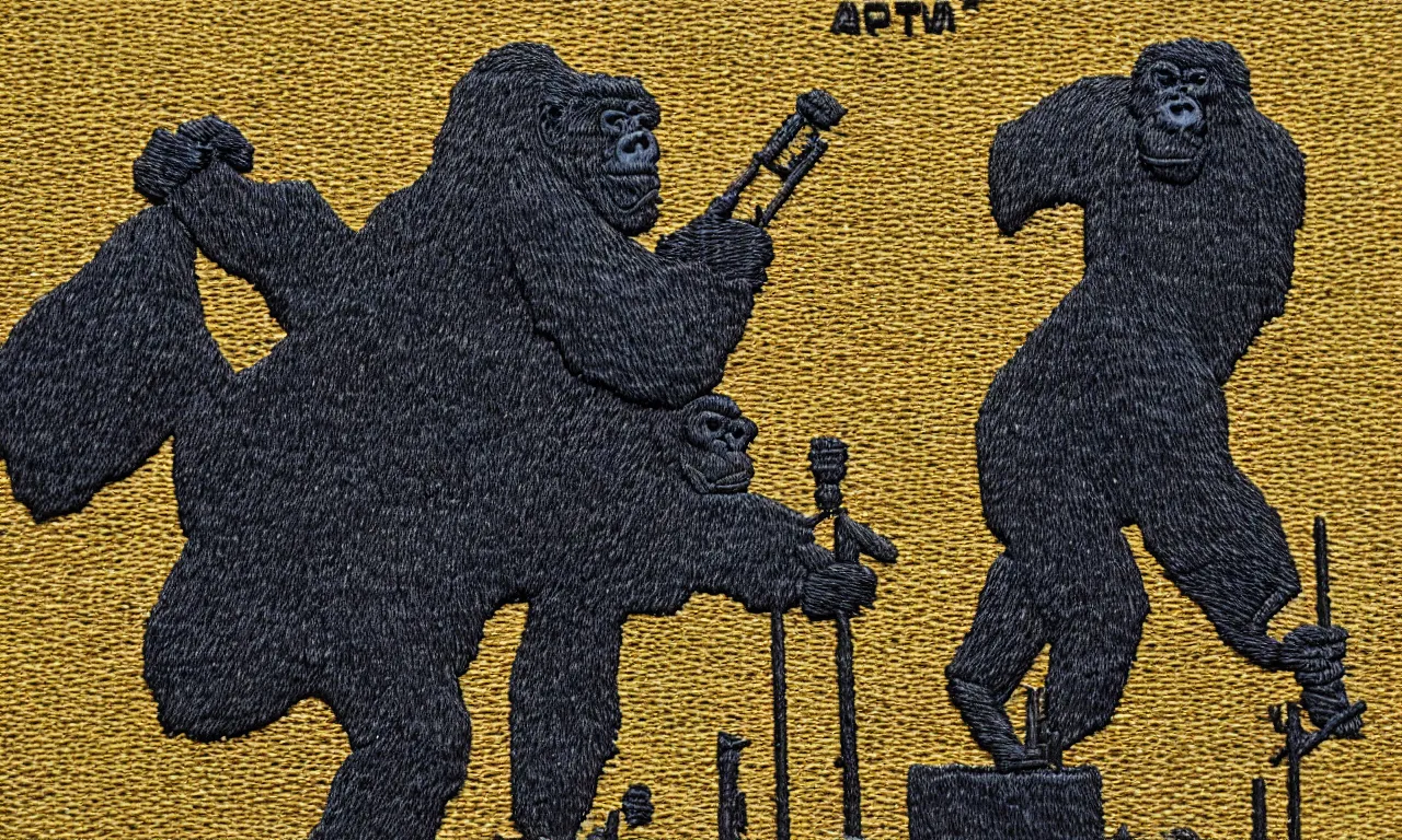 Image similar to a gorilla climbing a radio tower reading lighting bolts, embroidered us corps patch 8 k /