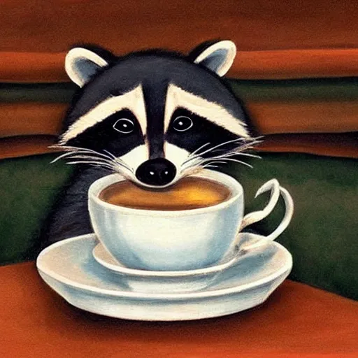 Prompt: raccoon with cup of tea by cozy fireplace, childrens book illustration,