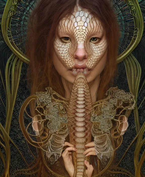 Image similar to intricate ornate opulent transparent clear see - through portrait of a scary beautiful snake, fractal, recursive, procedural, jungle environment, ultra realistic, concept art, art nouveau, photorealistic, octane render, 8 k, unreal engine. art by nori inoguchi and sam kaplan and zachary goulko and christopher marley and artgerm and alphonse mucha