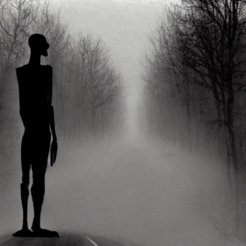 Image similar to 2 0 0 1 camcorder footage of a skinless figure standing silently on the side of a misty road