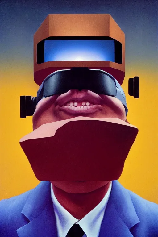 Image similar to Satoshi Nakamoto wearing oculus and bitcoin over his head Edward Hopper and James Gilleard, Zdzislaw Beksisnski, highly detailed