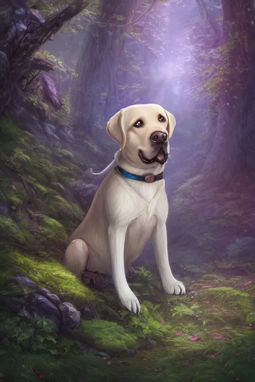 Prompt: a cute labrador retriever in the dreamy forest, fantasy, 8 k resolution, hyper detailed, d & d, character design, digital painting, trending on artstation, sharp focus, illustration, art by artgerm, steve zheng, fuji choko, viktoria gavrilenko, hoang lap