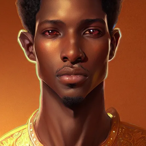 Image similar to illustration of a sudanese boy, d & d, fantasy, intricate, elegant, highly detailed, digital painting, artstation, concept art, smooth, sharp focus, illustration, art by artgerm and greg rutkowski and alphonse mucha