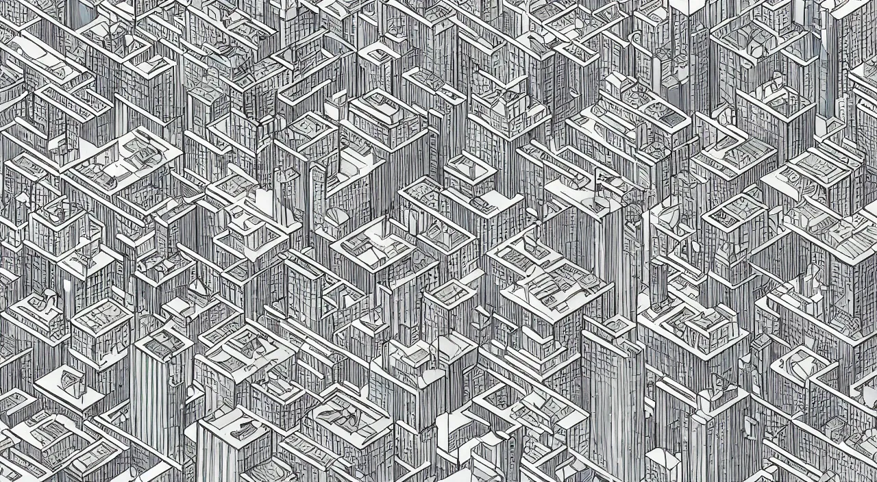 Prompt: isometric drawing of a fictional dense city, in style of pop art, rem koolhaas, peter eisenman