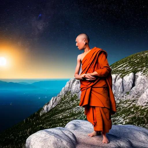 Prompt: high definition render of a monk on top of a mountain, full moon, milky way, galaxy, buddhism, 8 k, symbolic, global illumination, raytracing