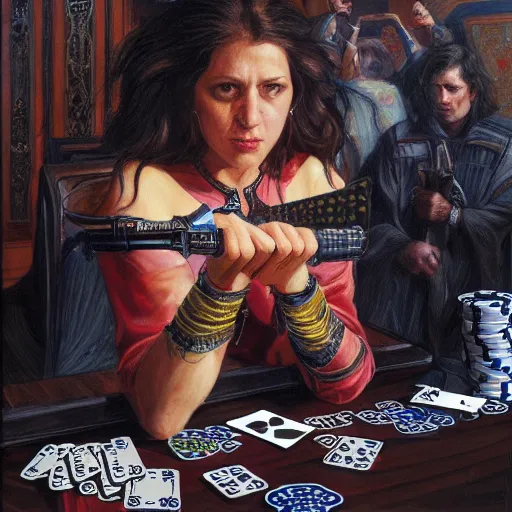 Prompt: woman using poker cards as weapons, by donato giancola