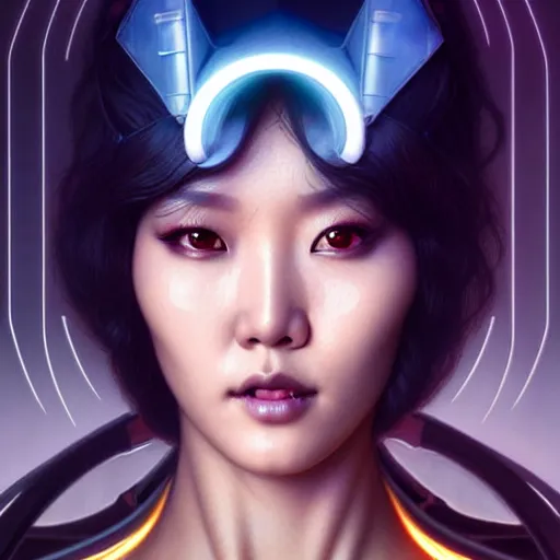 Image similar to portrait painting of hwasa as a cyberpunk technician with a halo and devil horns, ultra realistic, concept art, intricate details, eerie, highly detailed, photorealistic, octane render, 8 k, unreal engine. art by artgerm and greg rutkowski and magali villeneuve and alphonse mucha