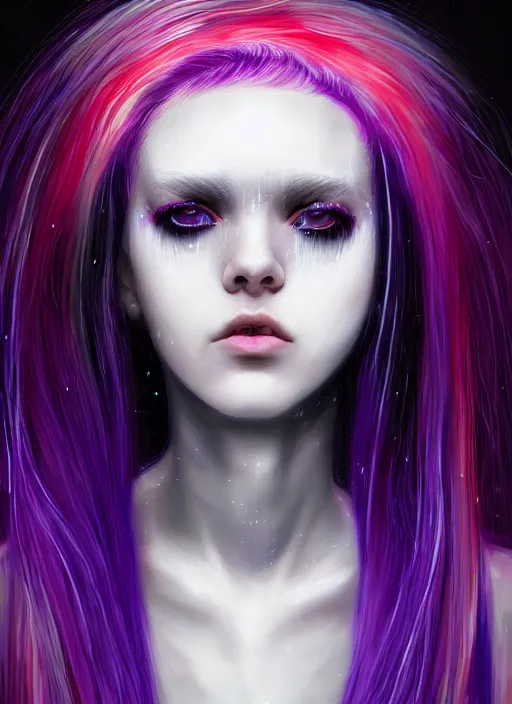 Image similar to hair whitebangs hair, black cyberlox, portrait of teenage girl with white bangs, whitebangsblackhair, messy bangs, cyberlox, whitebangs, red irises, purple clothes, intricate, elegant, glowing lights, highly detailed, digital painting, artstation, concept art, sharp focus, illustration, art by wlop, mars ravelo and greg rutkowski