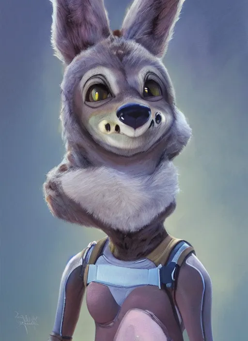 Image similar to oil painting detailed full body of anthromorphic female hyena, in style of zootopia, zootopia, zootopia, fursona, furry, furaffinity, 4 k, deviantart, furry art, fursona art, wearing astronaut outfit, in style of zootopia, hyena fursona, cyberpunk, female, detailed feminine face,