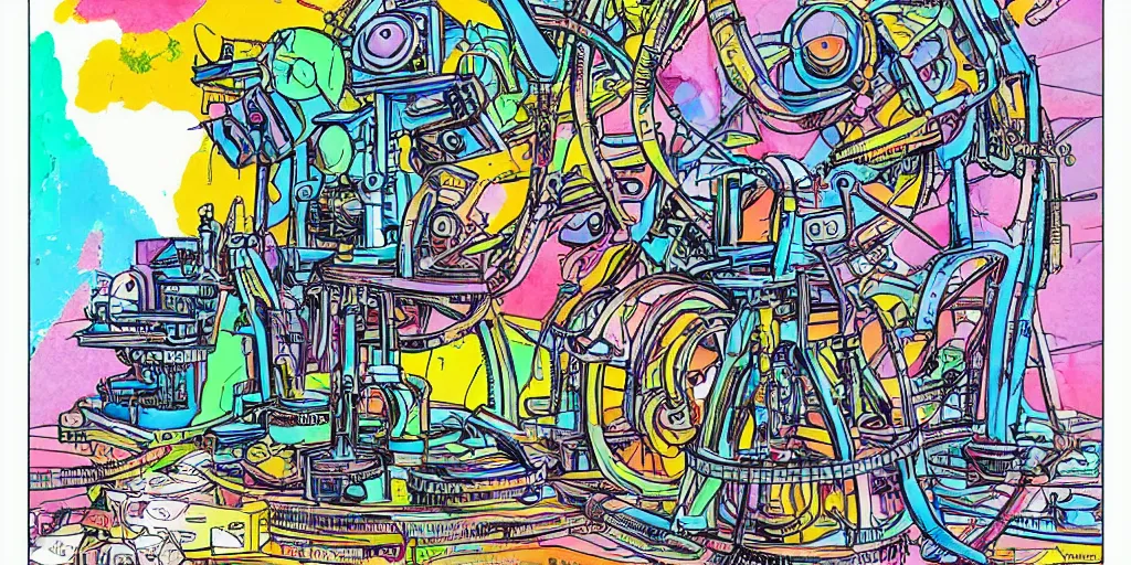 Prompt: colorful illustration of a mad scientist's machine