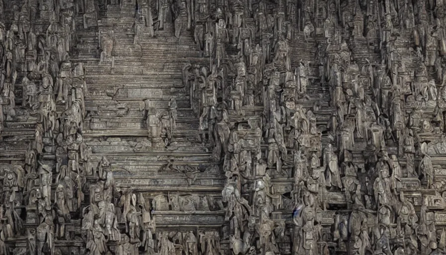 Prompt: Enigmatic Hooded Figures perform a secret Ritual in a huge temple, High Detail, Movie Screenshot, denis villeneuve