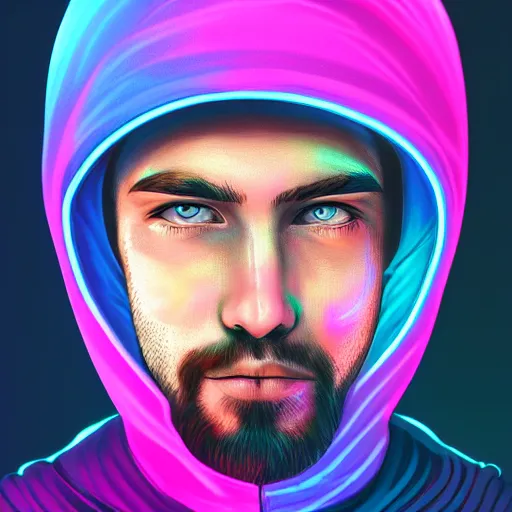 Image similar to a portrait of an ultradetailed futuristic male cyberpunk wearing a hoodie on his head, bearded, deep blue eyes, by dylan kowalski, 8 k, purple neon colours, digital painting, trending on gc society