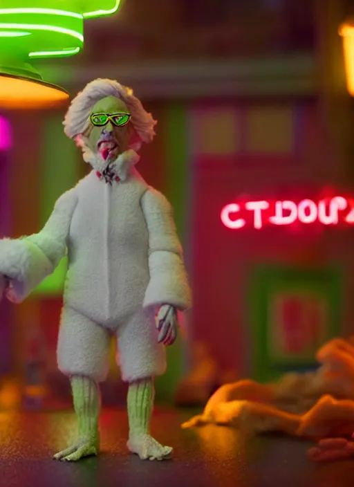 Image similar to product photography of a claymation action figure fluffy neon oled steve buscemi, depth of field, zeiss lens, detailed, centered, by erwin olaf, joop geesink, wes anderson, breathtaking, 8 k resolution, extremely detailed, beautiful, establishing shot, realistic materials, hyperrealistic