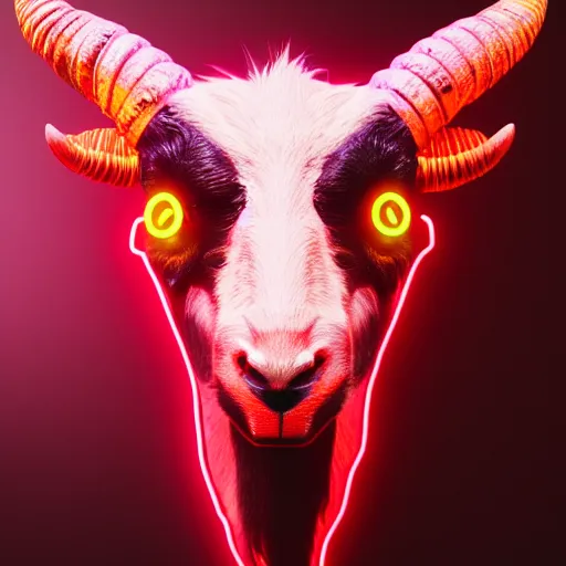 Prompt: synthwave demonic scary goat face with neon horns, detailed face, sharp focus, synthwave art, aesthetic, octane render, raw, cinematic