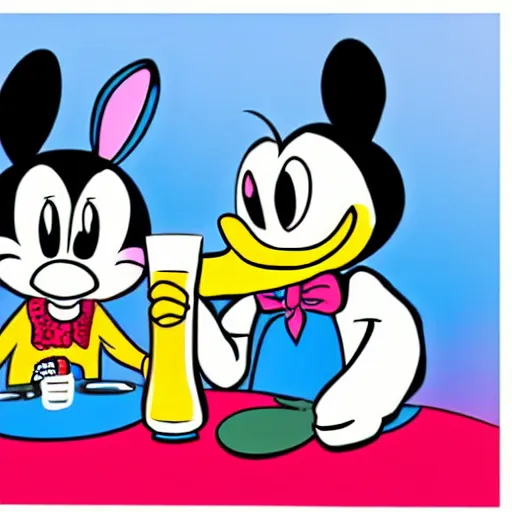 Image similar to a cartoon female rabbit and comics male duck drinking beer together in disney style