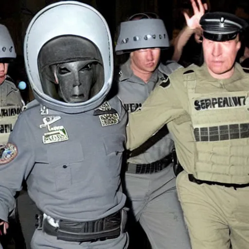 Image similar to extraterrestrial zeta reticulan grey alien, being arrested by spetsnaz