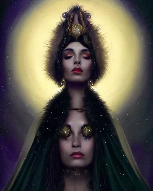 Image similar to Nocturne, glowing, stars, a portrait of a beautiful female shadow djinn creature with long fur collar, highly detailed, mysterious, ethereal, dressed in velvet and gold jewelry, haute couture, illustration, dramatic lighting, soft details, painting, by Edmund Blair Leighton, Brom, Charlie Bowater, trending on artstation, faces by Tom Bagshaw, otto schmidt