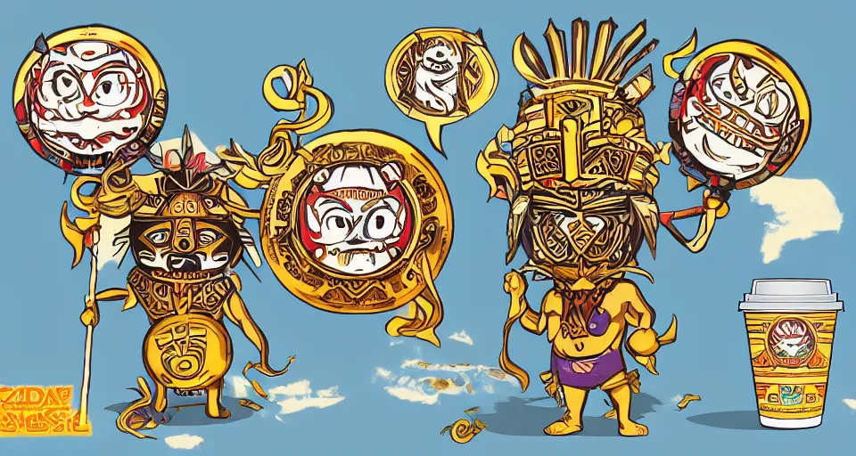 Prompt: an aztec sun god chibi character, holding a comically large cup of coffee, in the style of hownosm and james jean, ultimate collab, epic, digital art, 3 d, h 9 6 0