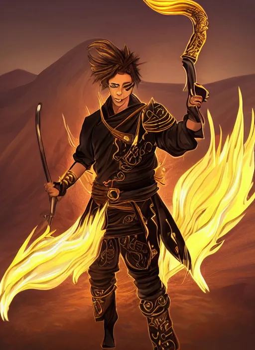 Image similar to An Artstation drawing style of a young man wearing a black scale ninja outfit with golden details, no mask, wavy golden hair and blue eyes. He is holding a golden bo staff. He is in a fiery desert with a blue sky.