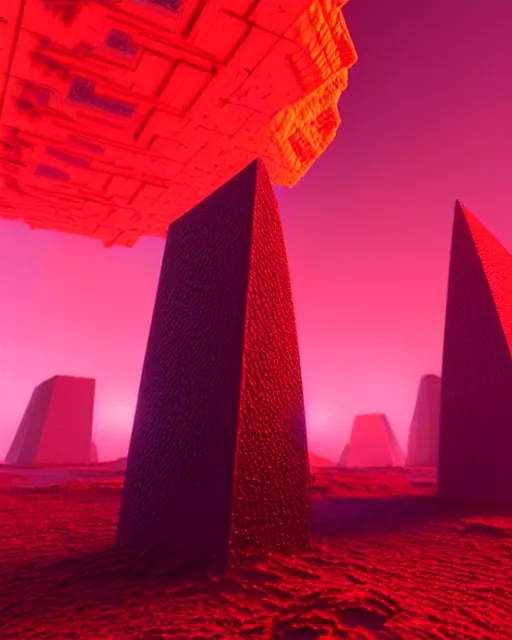 Image similar to futuristic sci fi exterior crystal jagged textured obelisk structures made out of red mandelbulb glowing crystal energy on the nuclear reactor unreal engine volumetric lighting subsurface scattering