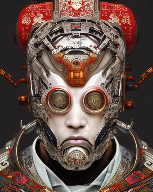 Image similar to portrait of a masculine male cyberpunk machine, machine face, upper half portrait, decorated with chinese opera motifs, asian, fine china, wuxia, traditional chinese art, intricate, elegant, highly detailed, symmetry, headpiece, digital painting, artstation concept art smooth sharp focus, illustration, art by artgerm and greg rutkowski alphonse mucha 8 k