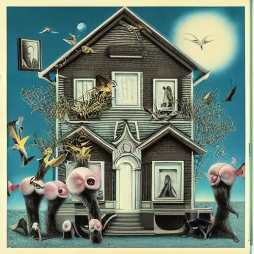 Image similar to anamorphic birds walking past a house, lowbrow surrealistic, in the style of Mark Ryden,