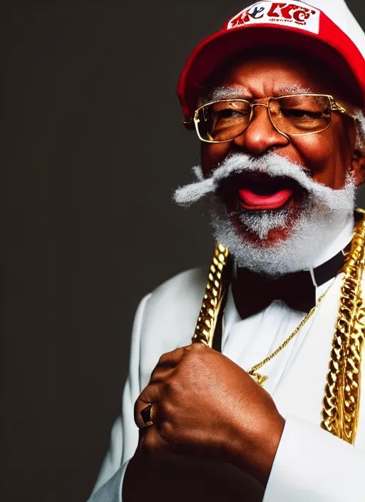 Image similar to dslr portrait still of colonel harland david sanders as a rapper with gold chains and gold teeth and a baseball cap that says kfc, 8 k, 8 5 mm, f 1. 8
