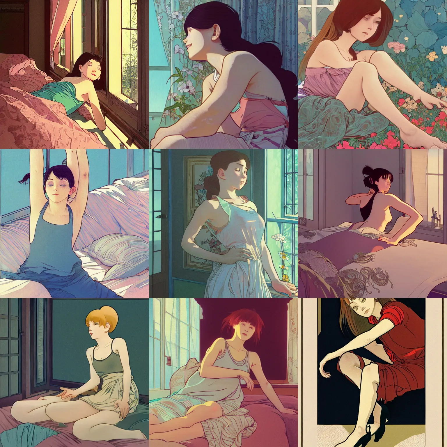 Prompt: Full body portrait of a young woman wearing a tank top stretching and yawning as she wakes up in her sunlit bedroom, digital illustration, exquisitely detailed, Hayao Miyazaki, Ilya Kuvshinov, Alphonse Mucha