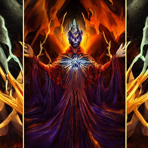 Image similar to powerful undead warlock crowned, expressive movement of hands casting a magic spell, otherworldly color palette, subtle layers veins, arcane rune symbols, ultra fine detail, Artstation trending, hyper realism, raytracing, highly detailed and intricate, golden ratio, dark gradient ink with intricate designs, hypermaximalist, elite, horror, ominous, haunting, majestic, ephemeral, epic mythology, cinematic, cgsociety, in the style of Midjourney, H.R. Giger, Zdzisław Beksiński and Douglas Barlowe, 8k