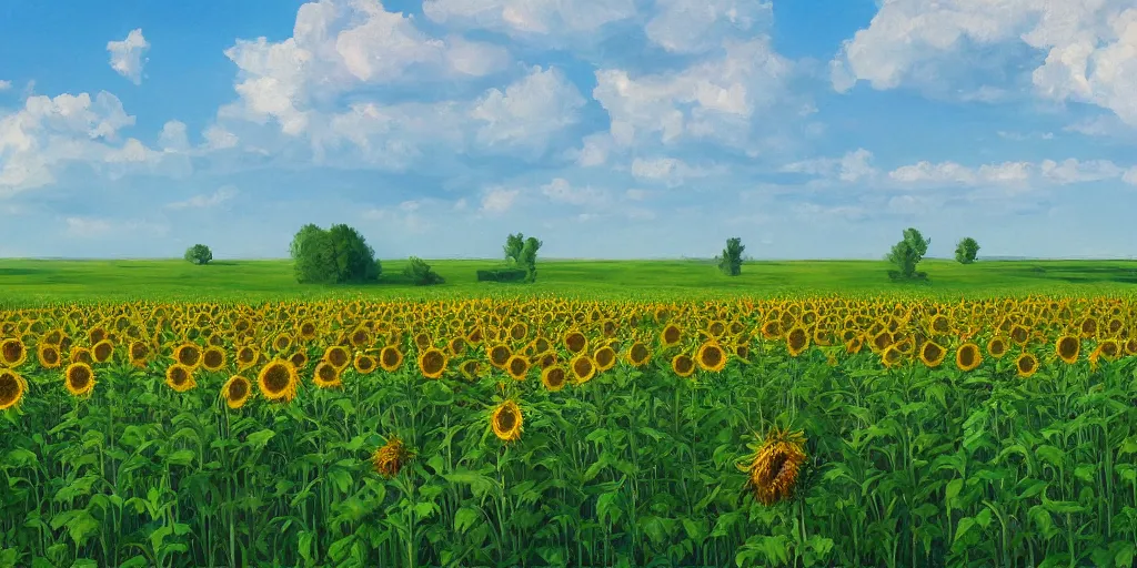 Image similar to an eastern front battlefield landscape, summertime, shell craters, single smoking destroyed tank, sunflower field, digital oil painting