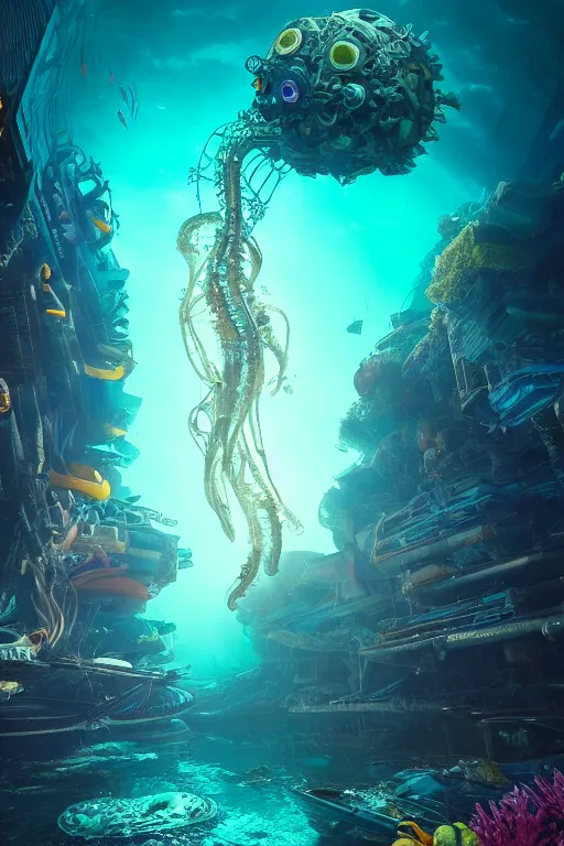 Prompt: high quality photo of cinematic underwater dystopian futurist city ruins with giant bioluminescent multicolored mutant fish and cyborg jellyfish, masterpiece, aykut aydogdu eric zener, very dramatic volumetric light, long shot, ground angle uhd 8 k, deep focus