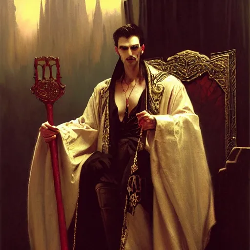 Image similar to perfectly centered portrait of attractive vampire king in a robe sitting on a throne of bones, highly detailed painting by gaston bussiere, craig mullins, j. c. leyendecker, 8 k