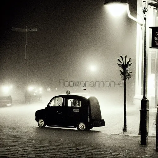 Image similar to on a dark winter's day, when the fog hung so thick and heavy in the streets of London that the lamps were lighted and the shop windows blazed with gas as they do at night, an odd-looking little girl sits inside a black cab with her father and was driven rather slowly through the big thoroughfares , night time, soft lighting, digital art, insane details, 8k