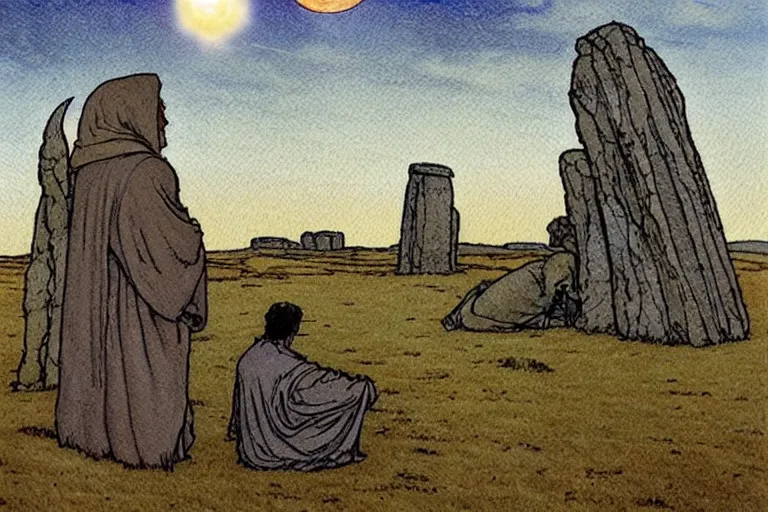 Prompt: a realistic and atmospheric watercolour fantasy concept art of a ufo landing in a floating stonehenge. medieval monk in grey robes is on his knees praying. a crescent moon in the sky. muted colors. by rebecca guay, michael kaluta, charles vess and jean moebius giraud