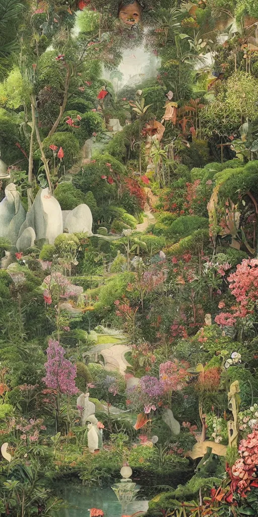 Image similar to bosch and beeple painting of a magnificent garden, incredible details