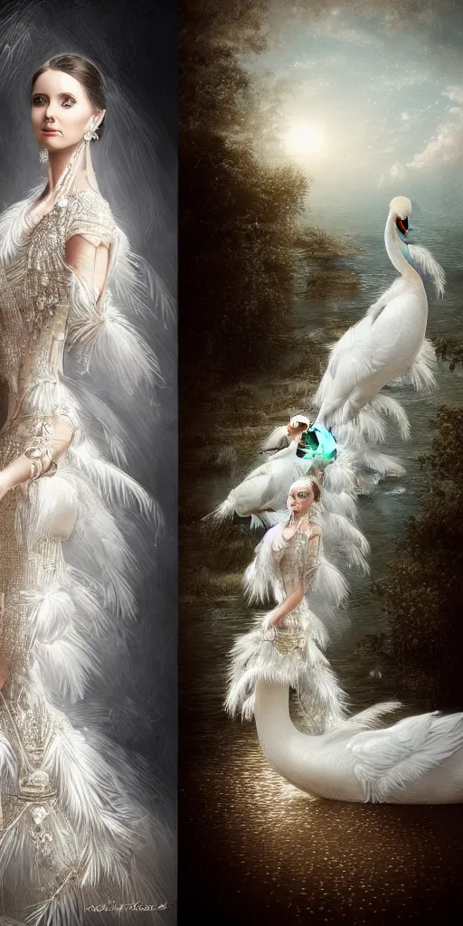 Image similar to a lady with a decorated dress made of white pearls and white plumes of swan highly detailed digital _ painting, cinematic, dramatic lighting