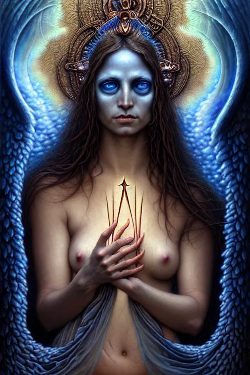 Prompt: A beautiful detailed goddess woman super dark tarot card, by tomasz alen kopera and Justin Gerard, 4 eyes, beautiful symmetrical features, ominous, magical realism, texture, intricate, ornate, royally decorated, melting, whirling smoke, embers, blue adornements, blue torn fabric, radiant colors, fantasy, trending on artstation, volumetric lighting, micro details, 3d sculpture, ray tracing, 8k, anaglyph effect