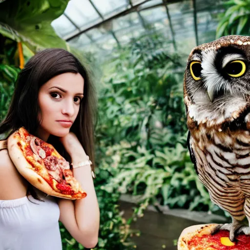 Prompt: close up portrait of beautiful woman wearing a pizza in a tropical greenhouse with an owl on her shoulder, bokeh, cinematic colors